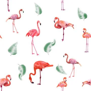 Seamless pattern with cute flamingo with tropical monstera and palm leaves, s Stock Illustration