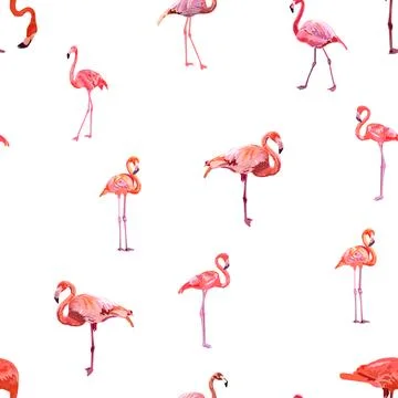 Seamless pattern with cute flamingo with tropical monstera and palm leaves, s Stock Illustration