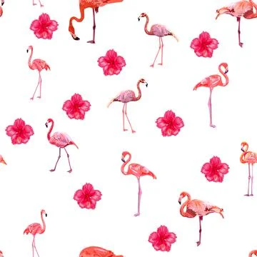 Seamless pattern with cute flamingo with tropical monstera and palm leaves, s Stock Illustration