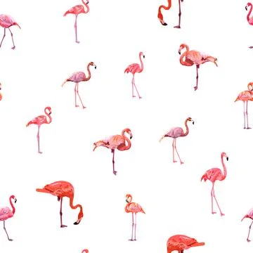 Seamless pattern with cute flamingo with tropical monstera and palm leaves, s Stock Illustration