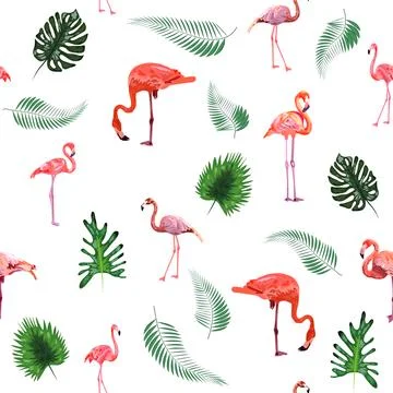Seamless pattern with cute flamingo with tropical monstera and palm leaves Stock Illustration