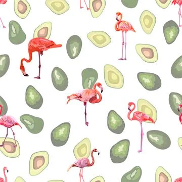 Seamless pattern with cute flamingo with tropical monstera and palm leaves Stock Illustration