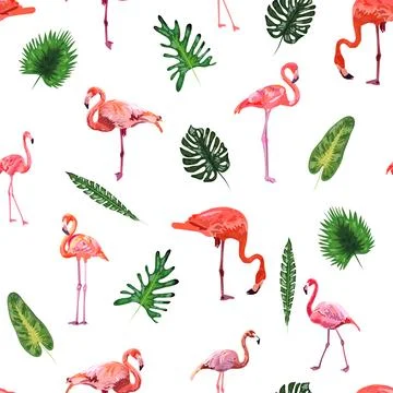 Seamless pattern with cute flamingo with tropical monstera and palm leaves Stock Illustration