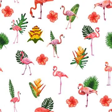 Seamless pattern with cute flamingo with tropical monstera and palm leaves Stock Illustration