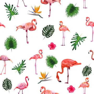 Seamless pattern with cute flamingo with tropical monstera and palm leaves Stock Illustration