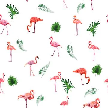 Seamless pattern with cute flamingo with tropical monstera and palm leaves Stock Illustration