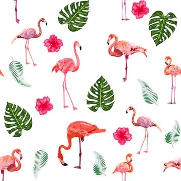 Seamless pattern with cute flamingo with tropical monstera and palm leaves Stock Illustration