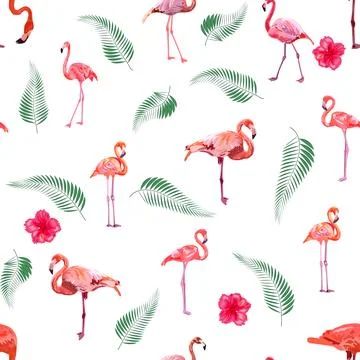Seamless pattern with cute flamingo with tropical monstera and palm leaves Stock Illustration