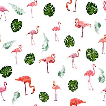 Seamless pattern with cute flamingo with tropical monstera and palm leaves Stock Illustration