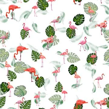 Seamless pattern with cute flamingo with tropical monstera and palm leaves Stock Illustration