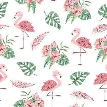 Seamless pattern with cute flamingos in flat style. Repeating background wi.. Stock Illustration