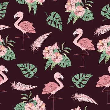 Seamless pattern with cute flamingos in flat style. Repeating background wi.. 스톡 일러스트