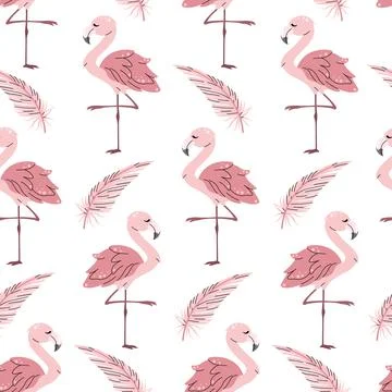 Seamless pattern with cute flamingos in flat style. Repeating background wi.. Stock Illustration