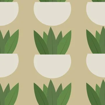 Seamless pattern of cute flat flower plant in an unusual shaped pot on the beige Stock Illustration