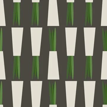 Seamless pattern of cute flat flower plant in an unusual shaped pot on the beige Stock Illustration