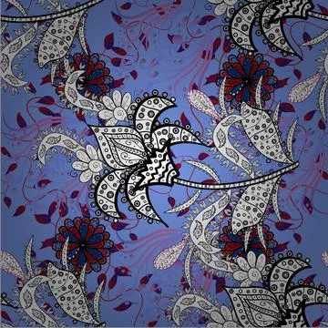 Seamless pattern with cute flowers and leaves on black, white and blue colors, w Stockillustratie