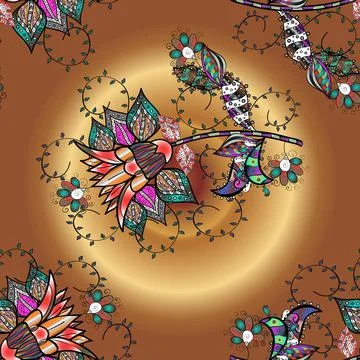 Seamless pattern with cute flowers and leaves on black, beige and brown colors, Stock Illustration