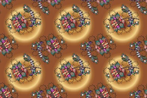 Seamless pattern with cute flowers and leaves on black, beige and brown colors, Stock Illustration