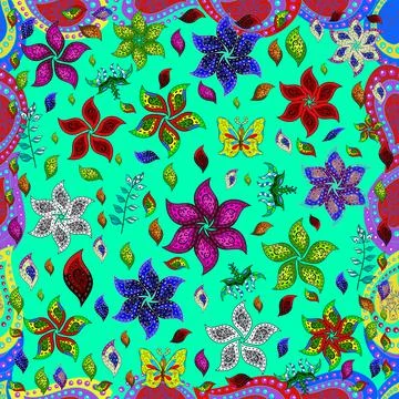 Seamless pattern with cute flowers and leaves on red, green and blue colors, wat Stockillustratie