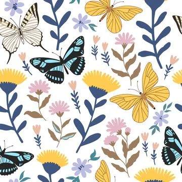 Seamless pattern with cute flowers and butterflies. Feminine romantic print.. Stock Illustration