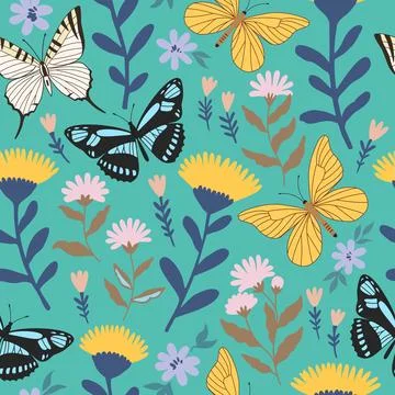 Seamless pattern with cute flowers and butterflies. Feminine romantic print.. Stock Illustration
