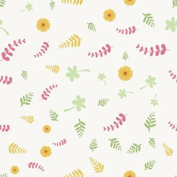 Seamless pattern with cute flowers and leaves isolated on white background Stock Illustration