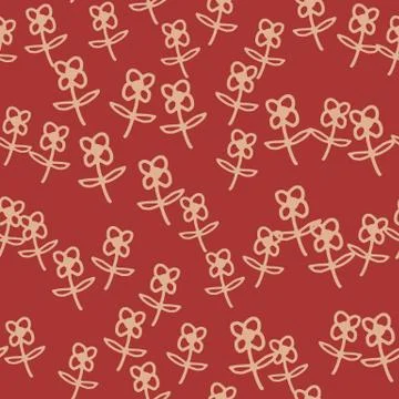 Seamless pattern with cute flowers on red background. Simple style. Doodle fl Stock Illustration