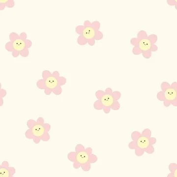 Seamless pattern with cute flowers with smiles. Stock Illustration