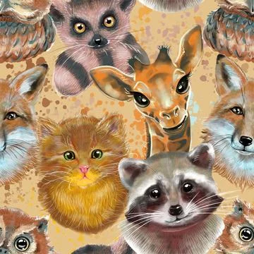 Seamless pattern. Cute fluffy animals kitten giraffe lemur raccoon and owl. Illustrazione stock