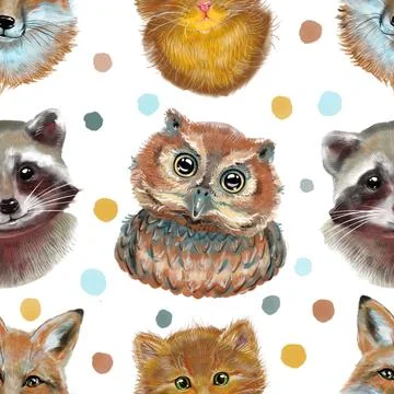 Seamless pattern. Cute fluffy animals kitten raccoon and owl. Stock Illustration