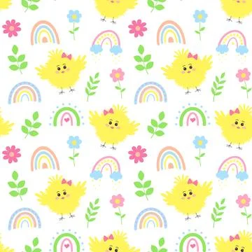 Seamless pattern with cute fluffy baby chick, boho rainbows, flowers and twig Illustrazione stock