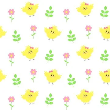 Seamless pattern with cute fluffy chicken baby, flowers and twigs. Stock Illustration