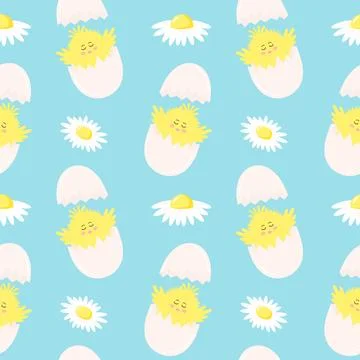 Seamless pattern with cute fluffy chicken baby in a cracked egg and daisies.. Stock Illustration
