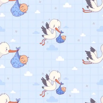 Seamless pattern with cute flying white stork and baby boy on blue checkere.. Stock Illustration