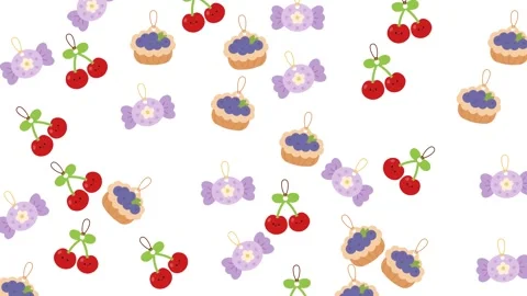 Seamless Pattern of Cute Food Hanging Tags with Cherries Candy and Fruit Tarts Vídeos de archivo 345539374