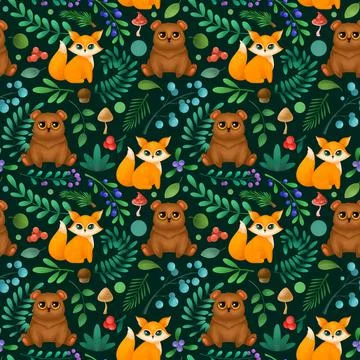 Seamless pattern with cute forest animals. Children's illustration Stock Illustration