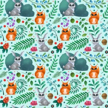 Seamless pattern with cute forest animals. Children's illustration Stock Illustration