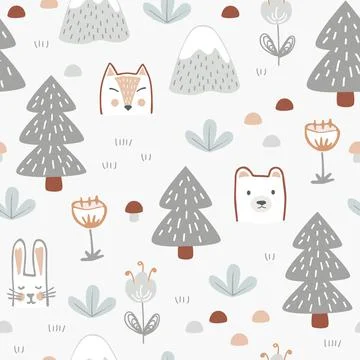 Seamless pattern with cute forest animals, flowers, and trees. Childish print Stock Illustration