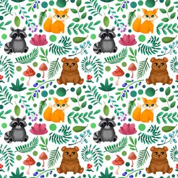 Seamless pattern with cute forest animals. Children's illustration. Stock Illustration