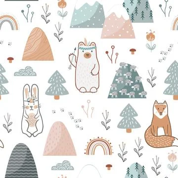Seamless pattern with cute forest animals, flowers, and trees. Childish print Stock Illustration