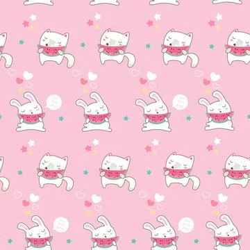 Seamless pattern with cute forest animals. Fox and hare eat watermelon. Cartoon イラスト素材