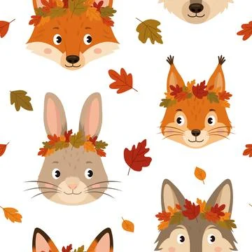 Seamless pattern with cute forest animals wearing autumn leaf wreaths on wh.. Stock Illustration