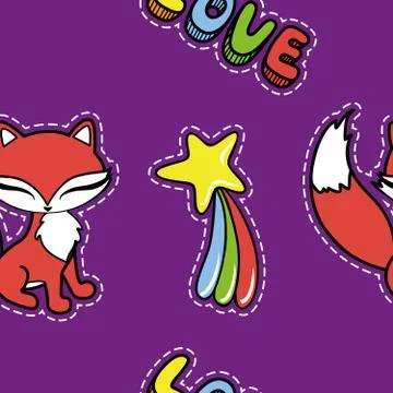Seamless pattern with cute fox and other stickers isolated on violet background. Stock Illustration