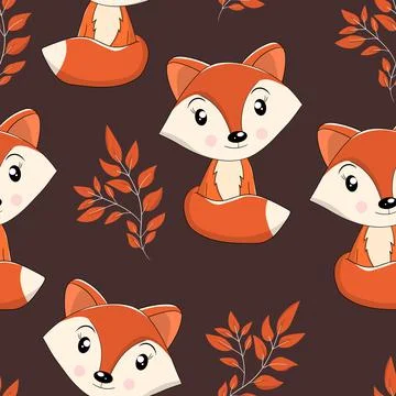 Seamless pattern with cute fox baby on color background. Funny forest animals Illustrazione stock