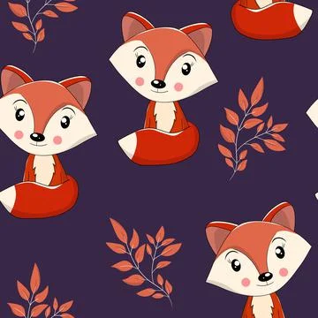 Seamless pattern with cute fox baby on color background. Funny forest animals Stock Illustration