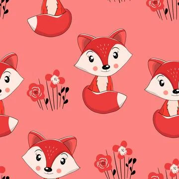 Seamless pattern with cute fox baby on color background. Funny forest animals イラスト素材
