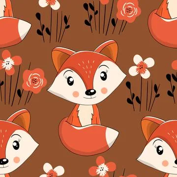 Seamless pattern with cute fox baby on color background. Funny forest animals Illustrazione stock