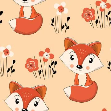 Seamless pattern with cute fox baby on color background. Funny forest animals イラスト素材