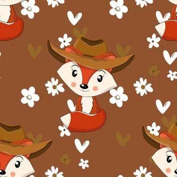 Seamless pattern with cute fox baby on color background. Funny forest animals Illustrazione stock