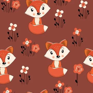 Seamless pattern with cute fox baby on color background. Funny forest animals Illustrazione stock